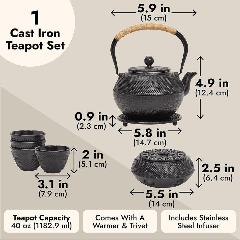 Cast Iron Tea Kettle for Stovetop - Japanese Tea Set with Warmer, Trivet, Infuser and 4 Teacups, Hobnail Design (40 oz, Black, 6 Pieces)