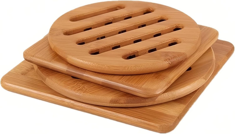 Alfto Hot Pads Trivet,Table Solid Bamboo Wood Trivets for Hot Dishes and Pot with Non-Slip Pads Heat Resistant Pads Teapot Trivet 4pcs(Multi Size,2 Square 2 Round)