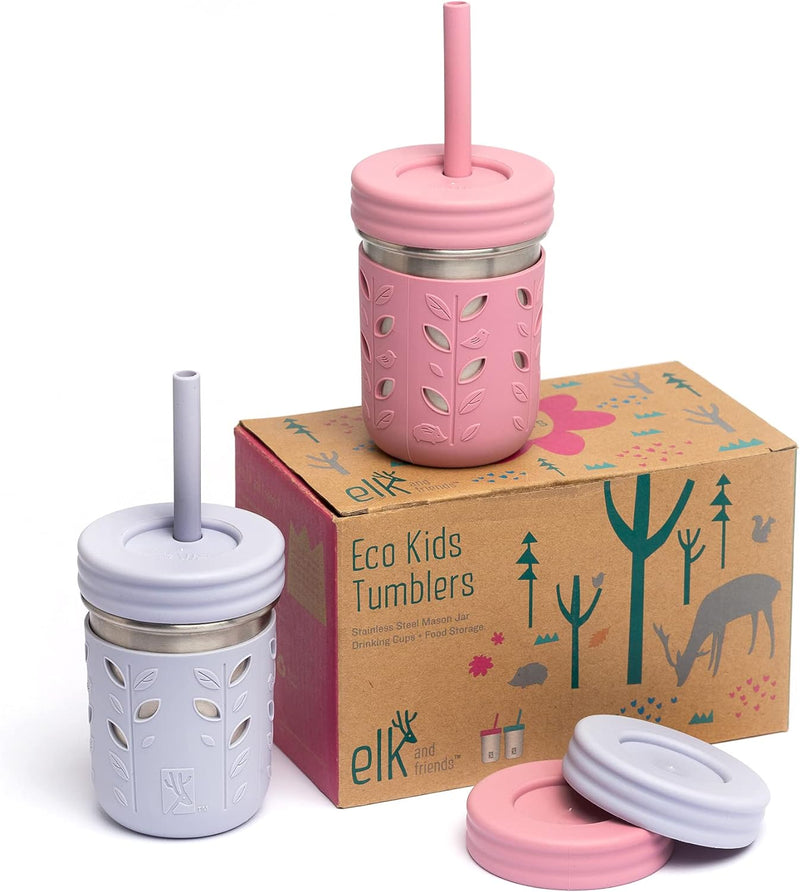 Elk and Friends Stainless Steel Cups | Mason Jar 10oz | Kids & Toddler Cups with Silicone Sleeves & Straws with Stopper | Spill proof Smoothie Cups