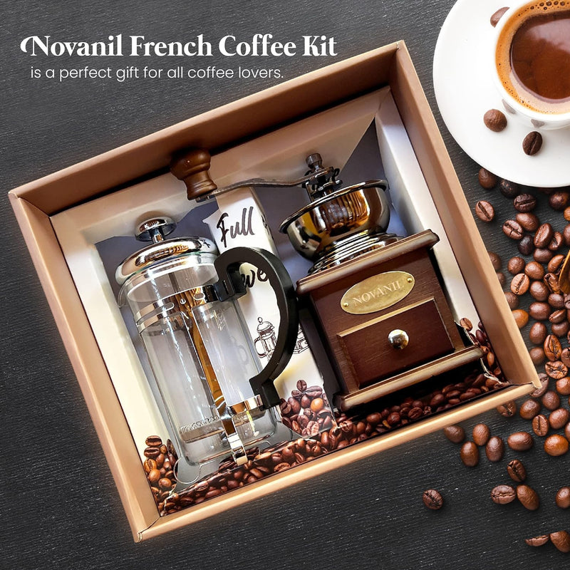 NOVANIL FRENCH COFFEE KIT, FRENCH PRESS & COFFEE GRINDER, COFFEE GIFT BOX, COFFEE SET, ANTIQUE STYLE COFFEE KIT, WOODEN MANUAL COFFEE GRINDER, HEAT-RESISTANT GLASS