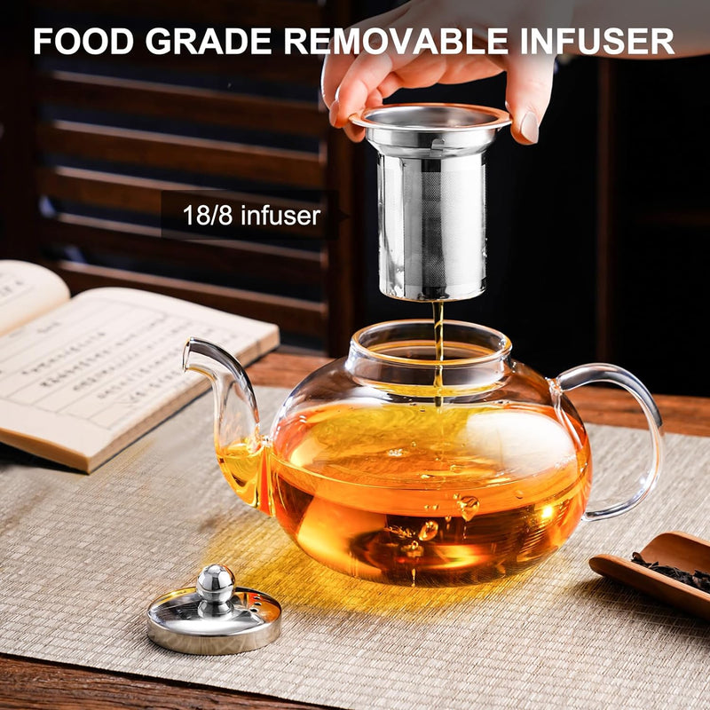 PARACITY Glass Teapot Stovetop 40 OZ/1200ml, Borosilicate Clear Tea Kettle with Removable 18/8 Stainless Steel Infuser, Teapot Blooming and Loose Leaf Tea Maker Tea Brewer for Camping, Travel