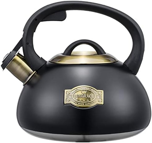 Whistling Tea Kettle Stainless Steel Teapot, Teakettle for Stovetop Induction Stove Top, Fast Boiling Heat Water Tea Pot 2.5 Quart(Black-BL)
