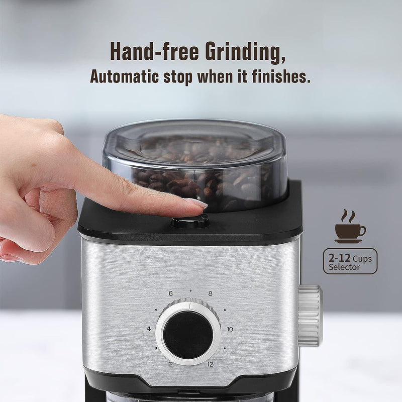 Ollygrin Flat Burr Coffee Grinder Electric, Coffee Bean Grinder Electric Espresso, Stainless Steel Coffee Bean Grinder With 14 Grind Settings 12 Cups SilverV01S