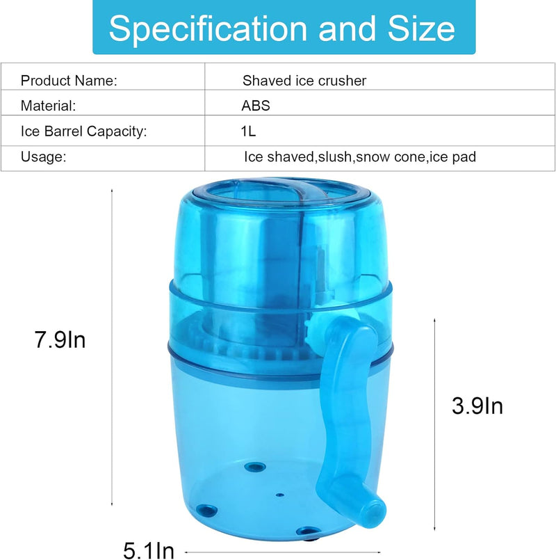 Hand Crank Ice Crusher,Snow Cone Machine Household Mini Portable Ice Shaver with Stainless Steel Blade Manual Ice Crusher for Snow Cone, Slush, Shaved Ice(Blue)