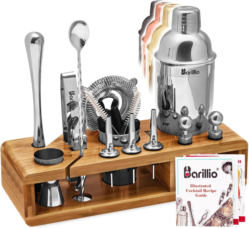 23-Piece Bartender Kit Cocktail Shaker Set by BARILLIO: Stainless Steel Bar Tools with Sleek Bamboo Stand, Velvet Carry Bag & Recipes Booklet… (Silver, Bamboo)