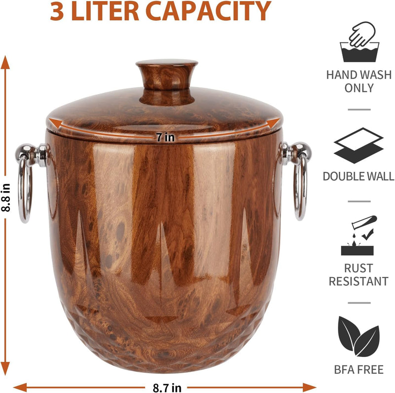 LRYYBTI Ice Bucket with Lid, Double Wall Stainless Steel insulated ice bucket, Champagne Bucket, Wine Bucket for parties, cocktail bar, Teakwood, 3L, Not Included Strainer