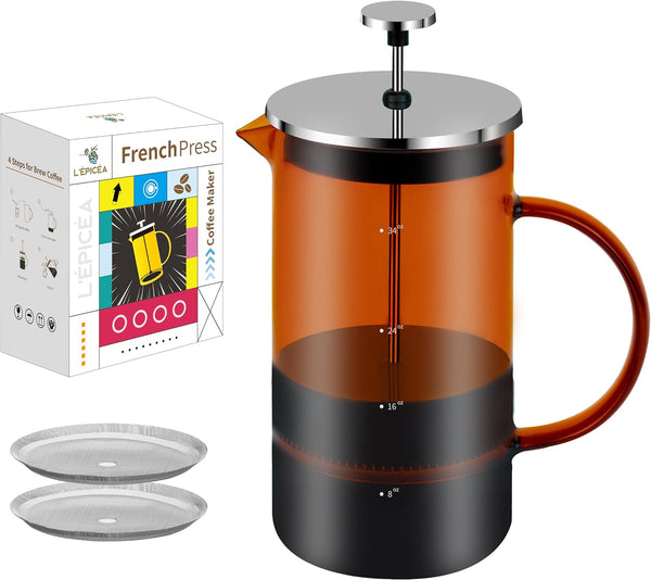 L'ÉPICÉA French Press Coffee Maker 34 oz, French Press, Coffee Press, Heat Resistant Borosilicate Glass French Press Coffee Maker with 3 Filters System and Stainless Steel Plunger