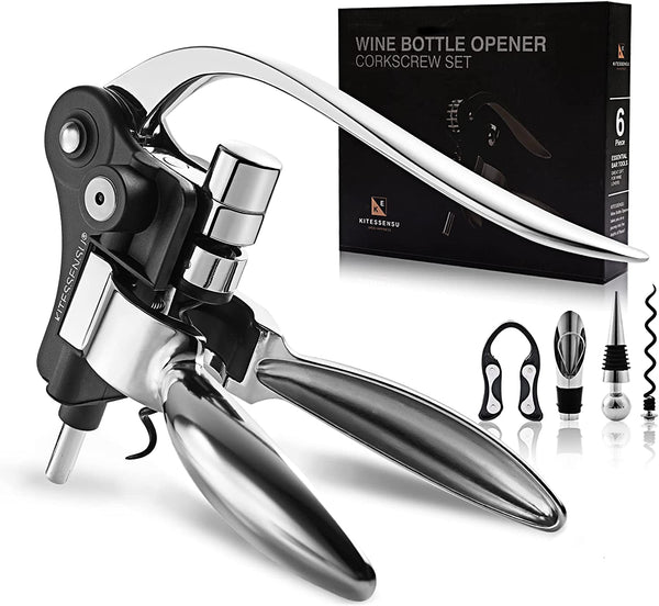 Wine Opener, KITESSENSU Easy Lever Wine Corkscrew with No-Stick Worm, 6-Piece Wine Bottle Opener Set with Foil Cutter, Bottle Stopper, Pourer, Extra Cork Screw and Base, Silver