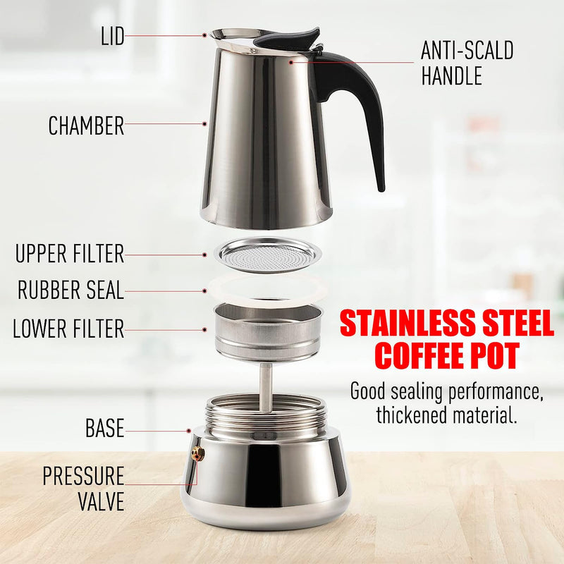 ALYSTER Moka Pot Italian Coffee Maker Classic Stovetop Espresso Maker 6Cup/10OZ Stainless Steel Stovetop Induction Espresso Pot (6Cup(10OZ), Silver)