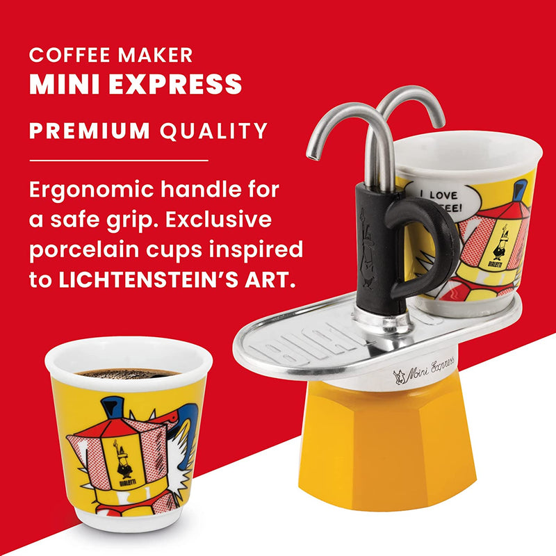 Bialetti - Mini Express Lichtenstein: Moka Set includes Coffee Maker 2-Cup (2.8 Oz) + 2 shot glasses, Yellow, Aluminium