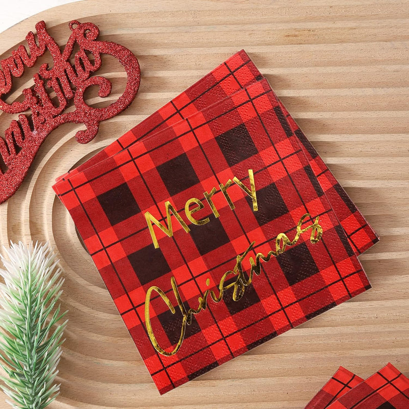 Buffalo Plaid Christmas Napkins Paper - 50 PK - Gold 3-ply Christmas Cocktail Napkins 5x5 Inches Party Napkins Disposable Beverage Napkins for Christimas Decorations Christmas Table Décor