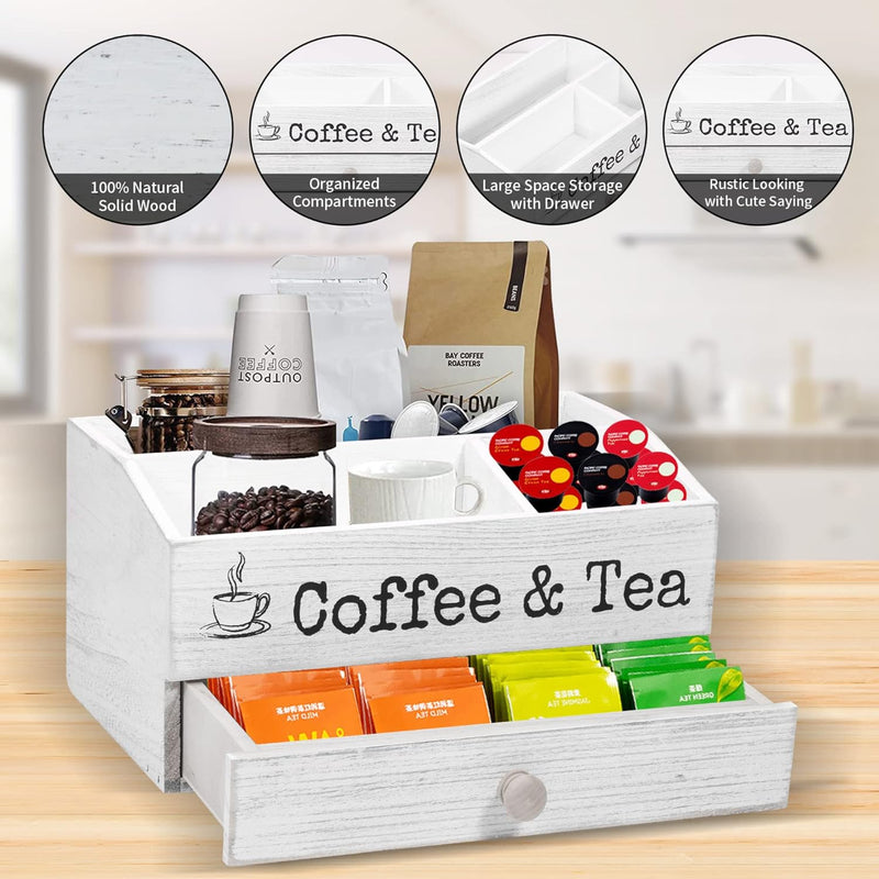 Mandikays | Coffee & Tea Station with 1.8" Drawer | KCup and Tea Bag Storage | Wooden Rustic White Organizer for Countertop