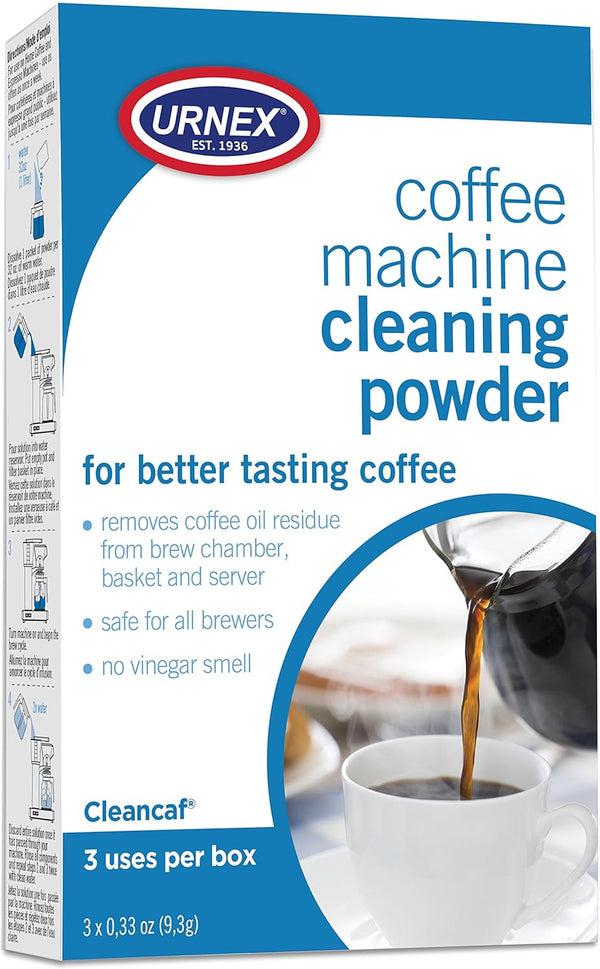 Urnex Coffee Maker and Espresso Machine Cleaner Cleancaf Powder - 3 Packets - Safe On Keurig Delonghi Nespresso Ninja Hamilton Beach Mr Coffee Braun
