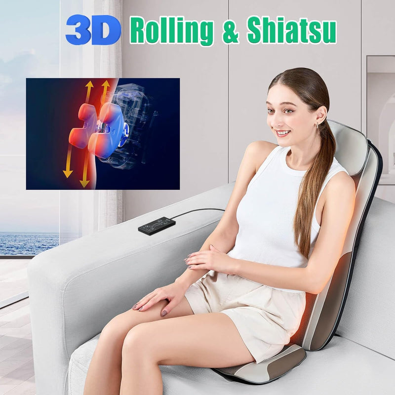 Shiatsu Back Massager with Heat, Massage Chair Pad Seat Cushion for Stress Relief, Deep Tissue Kneading & Roller, 2 Vibration Motors, Back Waist Hip Massager, PU Leather, Fit 5'1-6'2, with 2 Adapters