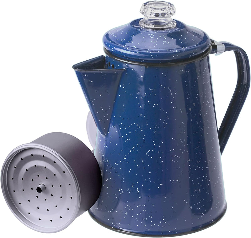 Stansport Enamel Camping Tableware Set & GSI Outdoors Percolator Coffee Pot | Enamelware Campfire Coffee Boiler Kettle for Outdoor Camping Cookware, Cabin, RV, Kitchen, Hunting & Backpacking