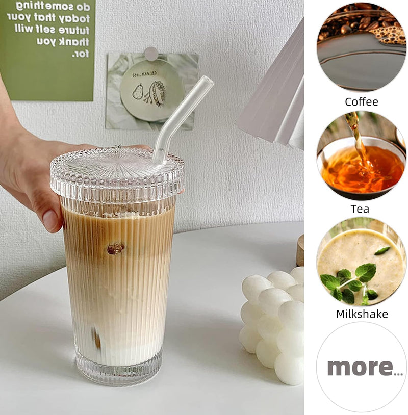 YAHUIPEIUS Glass Tumbler Stripe Glass Cup Coffee Cup With Lid and Straw Drinking Glasses for Water,Iced Coffee,Milk,Tea,Juice,Lid not Secured(A-Stripe)