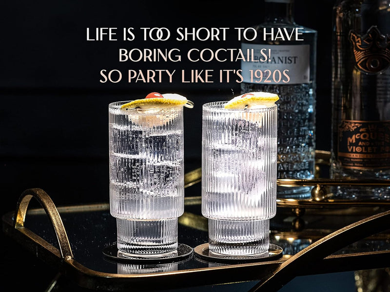 Vintage Art Deco Collins Ribbed Cocktail Glasses | Set of 4 | 14 oz Crystal Highball Glassware for Drinking Mojito, Tom Collins, Classic Hi Ball Bar Drinks | Skinny Tall Barware Tumblers