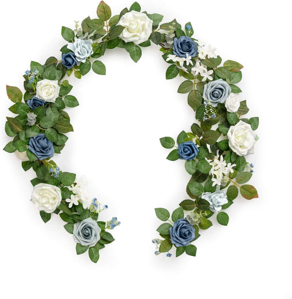 Artificial Rose Flower Runner - Rustic Floral Garland for Wedding Decor 5FT Dusty Blue