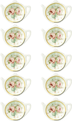 Linlins White Porcelain Ceramic with Flower Trim Gold Rim Teapot-Shaped Tea Bag Holder Tea Bag Coasters, Spoon Rests; Classic Tea Saucer Seasoning Dish Set