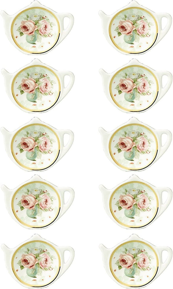 Linlins White Porcelain Ceramic with Flower Trim Gold Rim Teapot-Shaped Tea Bag Holder Tea Bag Coasters, Spoon Rests; Classic Tea Saucer Seasoning Dish Set