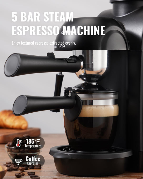 SHARDOR Espresso Machine, Cappuccino Latte Espresso Maker with Steam Milk Frother, 5-Bar 4-Cup Small Coffee Maker for Home, Black