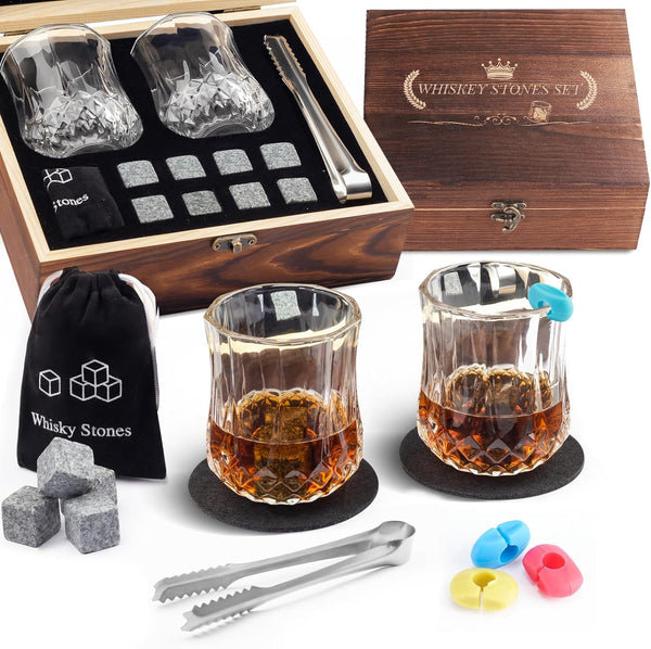 Whiskey Stones Gifts for Men, Anniversary Birthday Gifts White Elephant Gifts for Adults Men Him Dad Husband, Whiskey Glasses Set of 2 w/ 8 Chilling Rocks, Bourbon Gifts Wooden Box