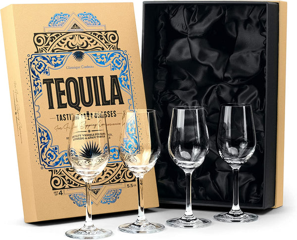 Tequila Tasting and Sipping Glasses | Tequila Glassware Collection | Set of 4 | 5.5 oz Crystal Snifter Copitas for Drinking Blanco, Reposado, Anejo Tequilas | Liquor and Spirits Sippers