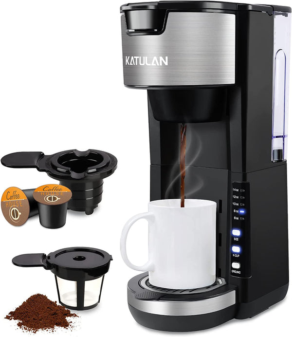 Single Serve Coffee Maker K Cup & Ground Coffee, One Cup Brews 6-14 Oz in 2 Mins, Fits Travel Mugs, with 30 Oz Removable Water Tank, Reuseable Filter, Black