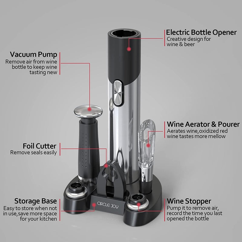 CIRCLE JOY Electric Wine Opener Set Automatic Wine Opener Kit for Wine and Beer Cordless Electric Wine Bottle Openers Gift Set with Foil Cutter, Aerator Pourer, Vacuum Pump and 2 Wine Stoppers