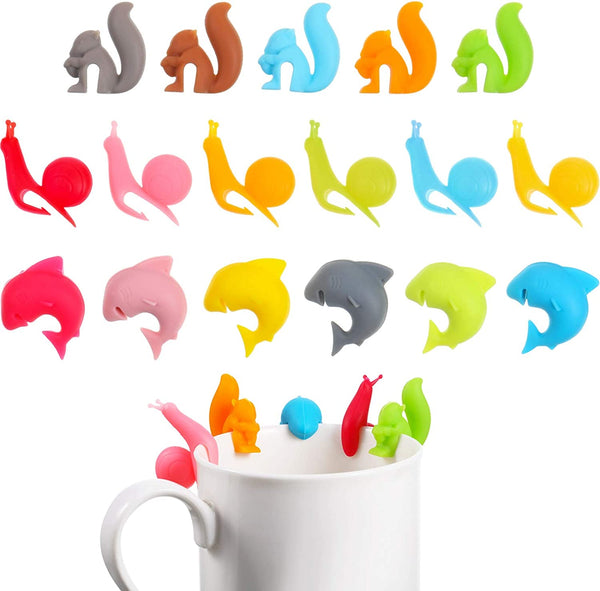 Boao 36 Pieces Tea Bag Holders Silicone Cute Tea Bag Hanger Colorful Tea Bag Clip Animal Shaped Tea Bag Holders for Cup and Mug Markers Snail Squirrel Shark Shapes