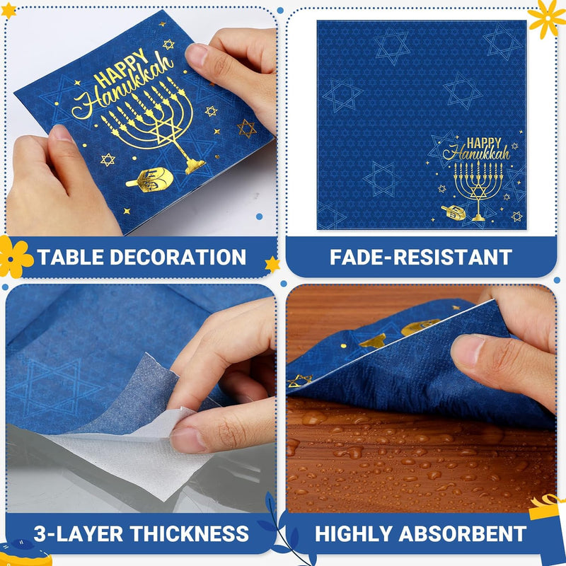 Honoson 100 Pcs Hanukkah Napkins Paper Disposable Cocktail Napkins Luncheon Guest Napkins for Menorah Themed Party Hanukkah Party Supplies Holiday Table Decoration