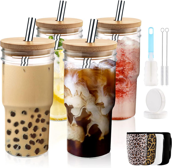 MOVNO Smoothie Mason Jar Cups with Lid And Straw, 22 oz Pack of 4 Reusable Boba Tea Drinking Jars Cup with Airtight Lids and Brush, Reusable Glass Tumbler with Sleeves for Iced Coffee,Milkshake, Gift