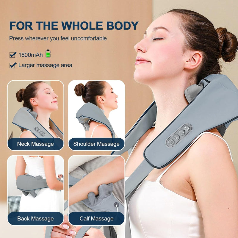 LIARTY Neck and Shoulder Massager, Shiatsu Electric Cordless Massager for Shoulder, 6D Kneading Massage Pillow for Back, Leg, Waist, Trapezius, Muscle Relaxation, Home & Office Use, Grey