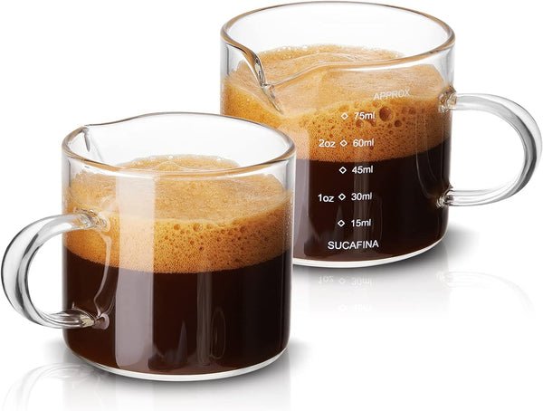 Mfacoy 2 Pack Espresso Glass Measuring Cup, 75ML Espresso Cups with Handle, Espresso Shot Glass with V-Shaped Mouth, Clear Glass Espresso Accessories, Milk Frothing Pitcher