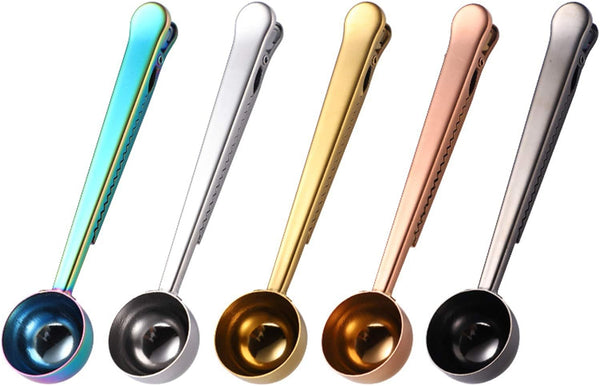 Set of 5 Coffee Scoop Clip,2-in-1 Stainless Steel Coffee Measuring Spoon with Sealing Clips, Kitchen Craft Long Handle Spoon Bag Clip for Coffee, Milk Powder, Oatmeal, Tea,Spices -Multicolor