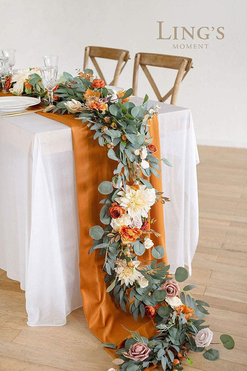 Eucalyptus and Flower 6Ft Garland and Table Runner - Handcrafted Wedding Centerpiece for Bridal Shower or Rehearsal Dinner - Sunset Terracotta