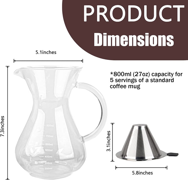 T-mark Pour Over Coffee Maker with Reusable Double-layer Stainless Steel Filter, 800ml/27oz BPA-Free Glass Coffee Carafe, Glass Coffee Maker, Coffee Dripper Brewer