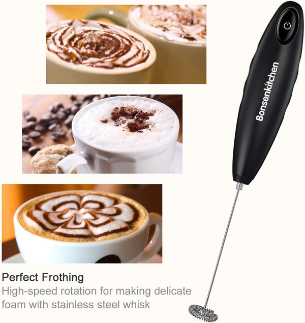 Bonsenkitchen Milk Frother Handheld, Automatic Milk Foam Maker Hand Frother for Coffee, Matcha, Hot Chocolate, Battery Operated Mini Drink Mixer-Black