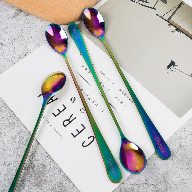 Long-handled ice tea spoon, cocktail stir spoons, stainless steel coffee spoons, Colored ice cream scoop (9 IN iridescence, Round)