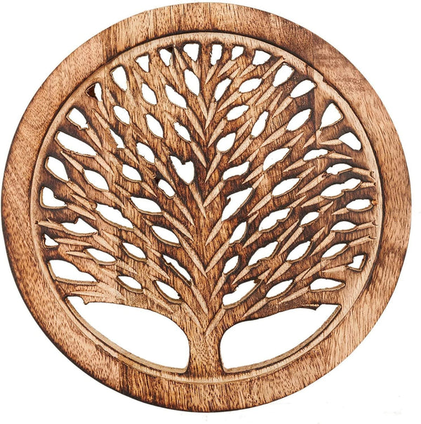 White Elephant Gifts Set of 2 Wooden Trivets for Hot Dishes Pots and Pans Tea Pot Holders Hot Pads Tree of Life Design Modern Farmhouse Kitchen Counter Decor Dia 8'' Inch (Burnt)