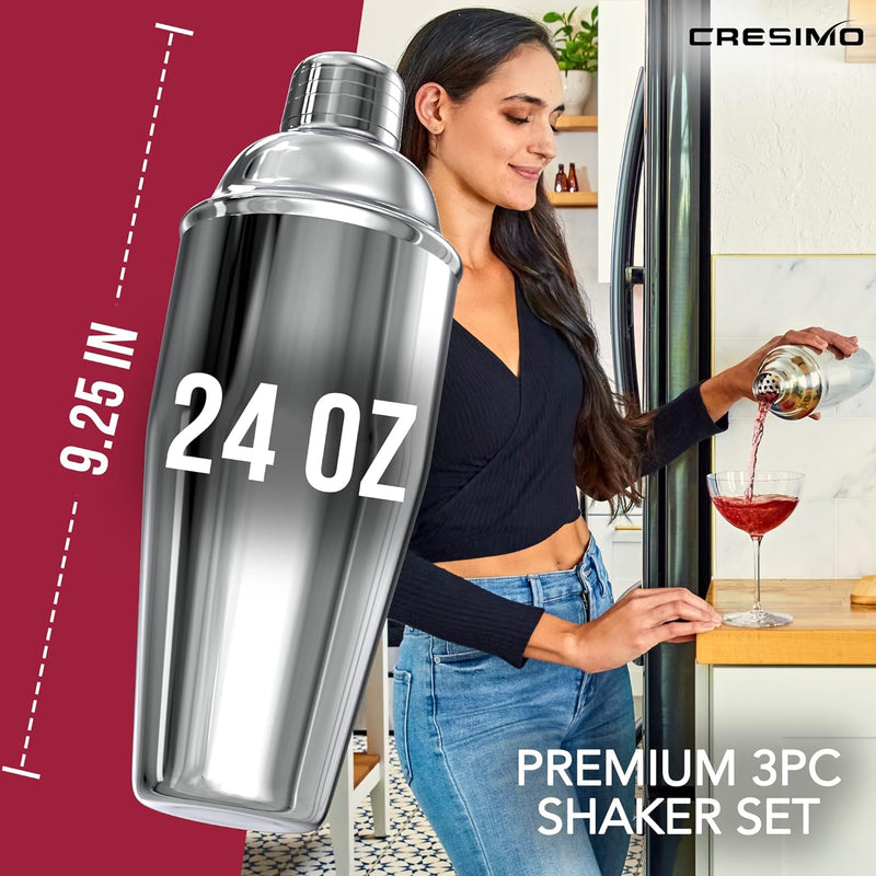 24oz Cocktail Shaker Set with Bar Accessories for Home Bar Shaker Set - Martini Shaker, Jigger, Drink Shaker Mixer Spoon - Alcohol Shaker Bartender Gift - Bartending Kit Essential for Home - Cresimo