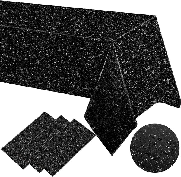 Black Glitter Sequin Tablecloth Set - 3 Pcs 54x108 Inches