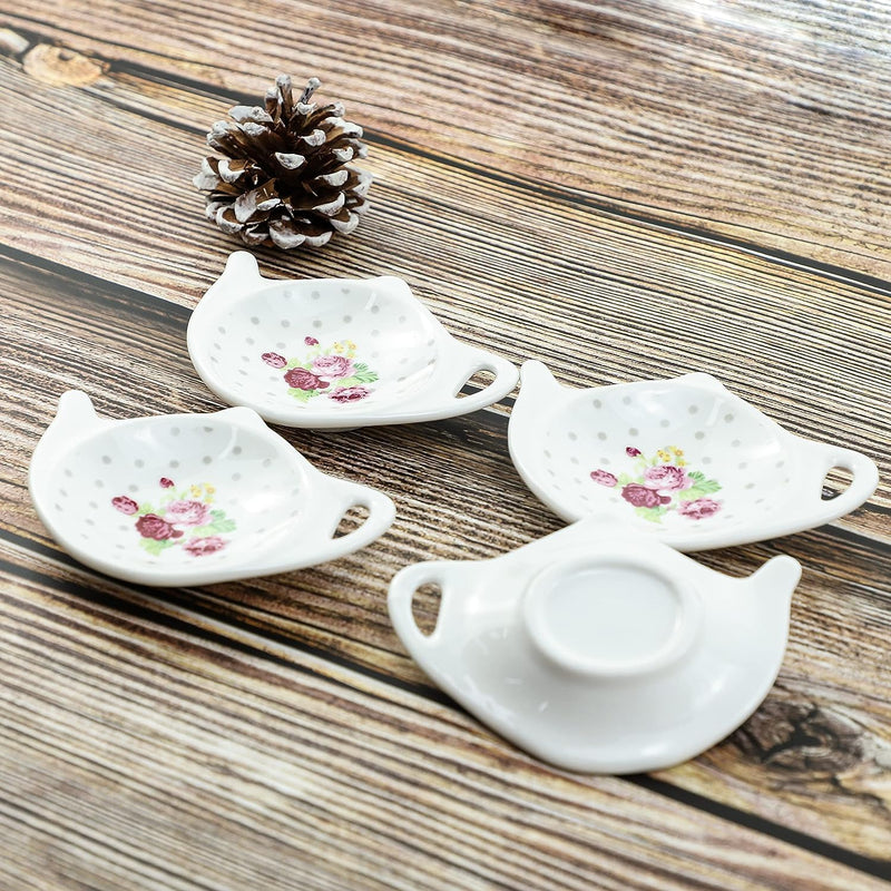 Linlins White Porcelain Ceramic Set with Flower Trim Teapot-Shaped Tea Bag Holder Tea Bag Coasters, Spoon Rests; Classic Tea Saucer Seasoning Dish Set (XQX)