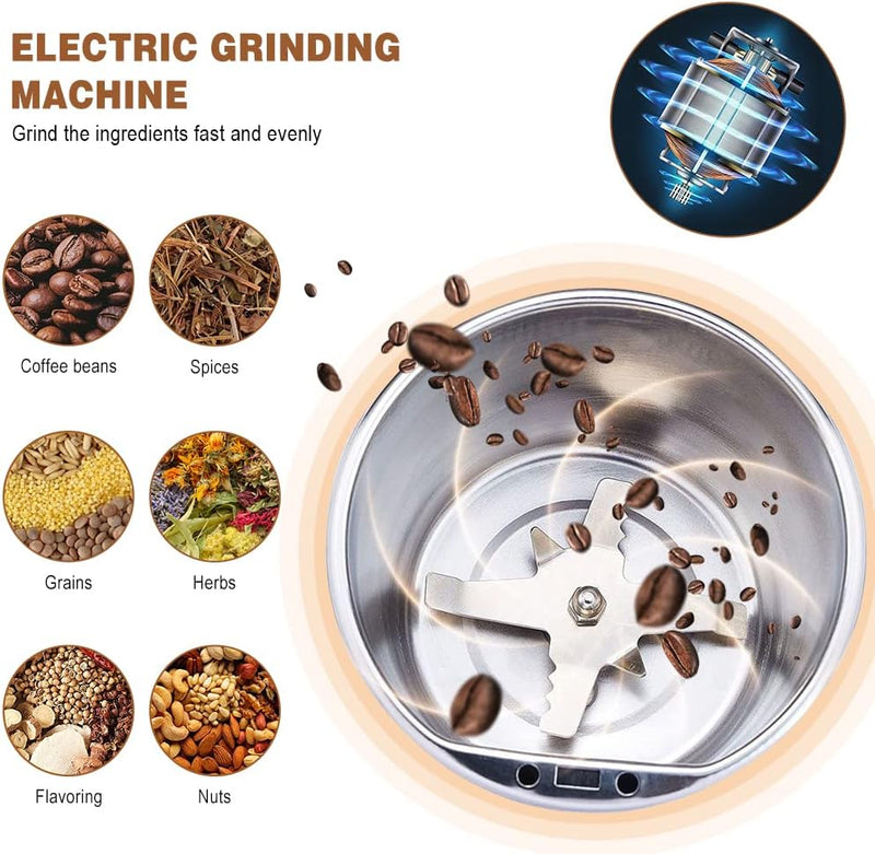 Finphoon Coffee Grinder Electric, Spice Grinder, Coffee Bean Herb Grinder with Integrated Brush Spoon, One-touch Push-Button Stainless Steel Grinding for Herb Peanut Grains Beans(Blue)