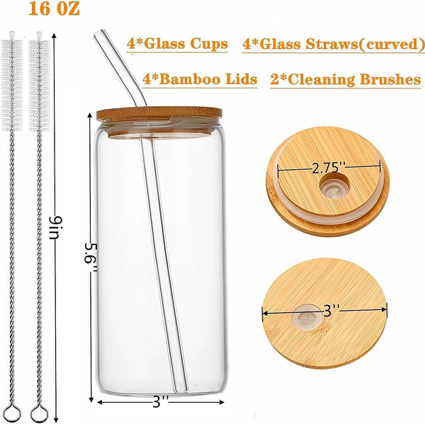 Benestanti 4 pcs Glass Cups with Bamboo Lids and Straws-16 oz Glass Tumbler with Straw and Lid & Cleaning Brush,Iced Coffee Cups with Lids Ldeal for Smoothie Beer Cocktail Whiskey Tea Juice Gift