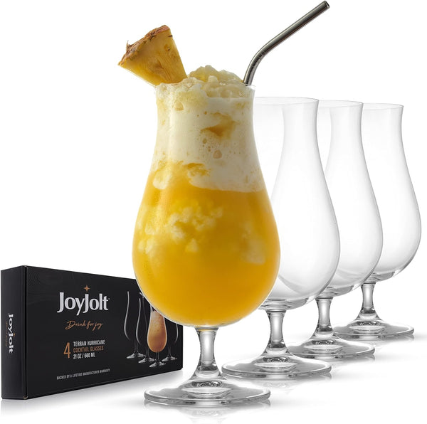 JoyJolt Terran Pina Colada Glasses - Premium Hurricane Cocktail Glasses Made in Europe - 17-Ounce l Crystal Drinking Set - Set of 4 Hurricane Glasses Cocktail Set, ideal for Refreshing Cocktails