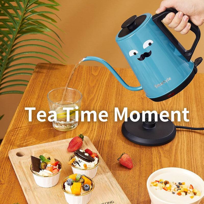 Smartyle Gooseneck Electric Kettle,1.0L Colorful Electric Tea Kettle of Stainless Steel,1000W Cartoon Hot Water Kettle with Auto Shut Off,Cute Pour Over Kettle for Coffee and Tea-Blue