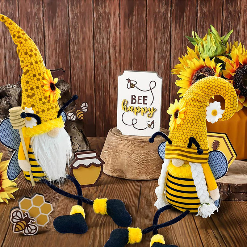 Lovinland Bumble Bee Gnomes with Dangling Leg, Spring Summer Sunflower Honey Bee Gnomes with Honey Dipper for Home Kitchen Shelf World Bee Day Decorations