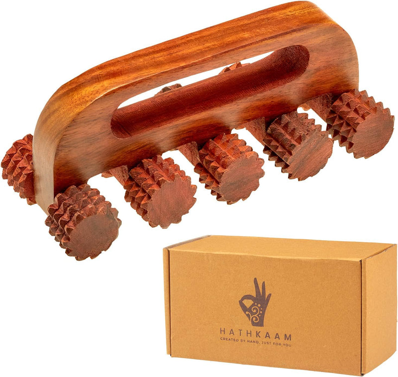 HATHKAAM Wooden Massager 7" Rosewood Unisex Handheld Roller for Full Body Pain Relief, Back, Neck & Shoulder, Cellulite Pain Acupressure, Fascia Lymphatic Drainage 4 Wheel Massage Therapy Equipment