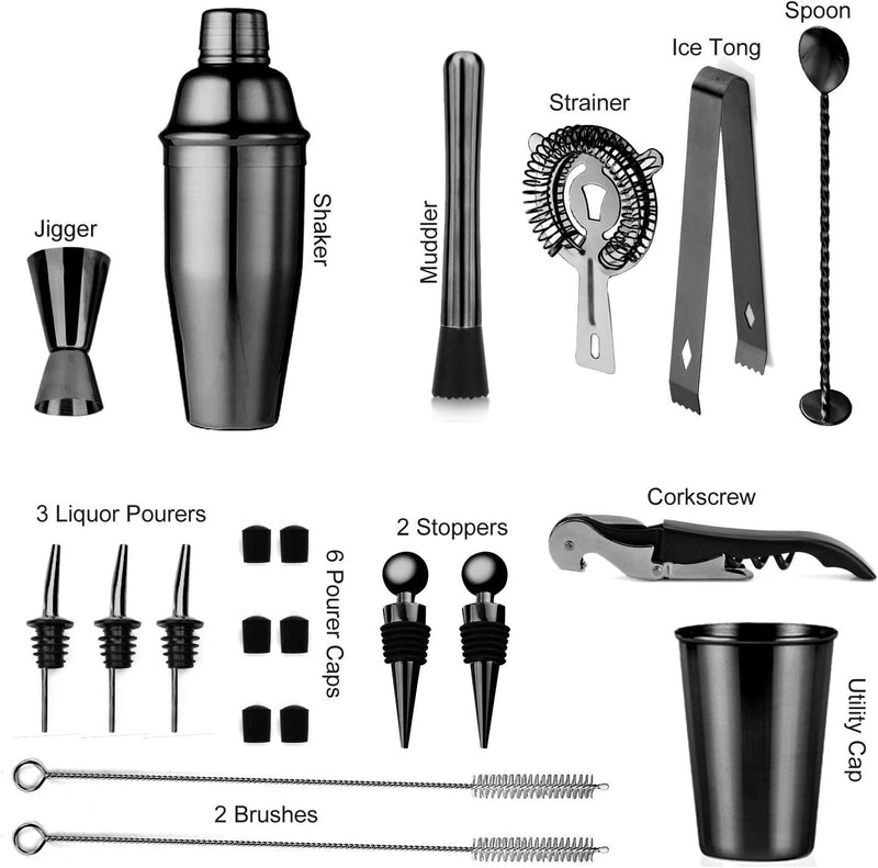 Soing Black 24-Piece Cocktail Shaker Set,Perfect Home Bartending Kit for Drink Mixing,Stainless Steel Bar Tools With Stand,Velvet Carry Bag & Recipes Included